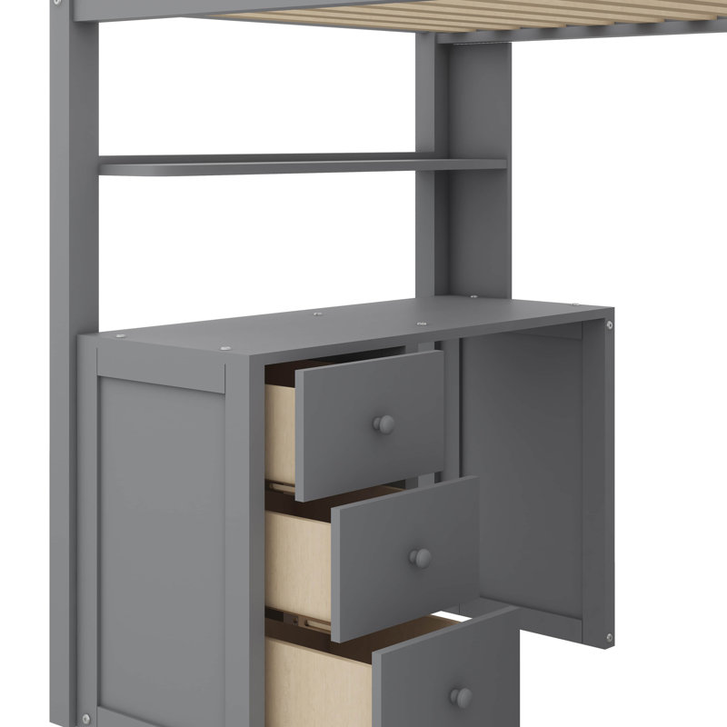 Lit mezzanine polyvalent avec tiroirs de rangement intégrés, bureau de travail spacieux et armoire de style armoire, Gris