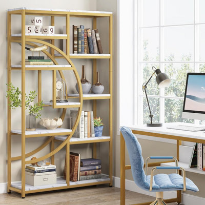 68.89"Height Industrial 5-Tier White & Gold Corner Etagere Bookshelf With 9 Open Shelves Storage Organizer For Living Room, Bedroom