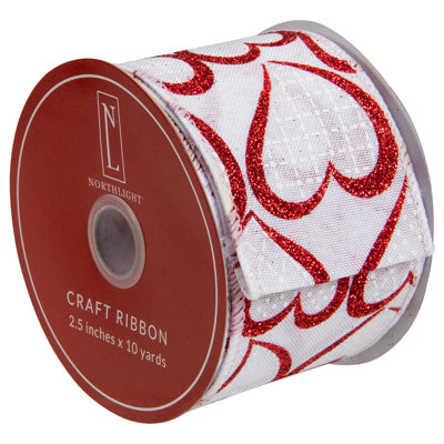 White And Red Glitter Hearts Valentine's Wired Craft Ribbon 2.5" X 10 Yards