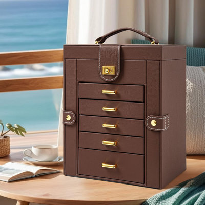 Leather Jewelry Box Organizer With Mirror - 6-Layer Storage Case For Rings Necklaces Earrings Bracelets - Durable Velvet Lined Jewelry Holder With Pull-Out Drawers And Hidden Compartments