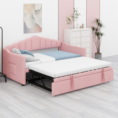 Upholstered Daybed With Adjustable Height Pop Up Trundle Bed And USB & Type-C Charging Port, Day Bed Frame With 2 Side Pockets by Mercer41
