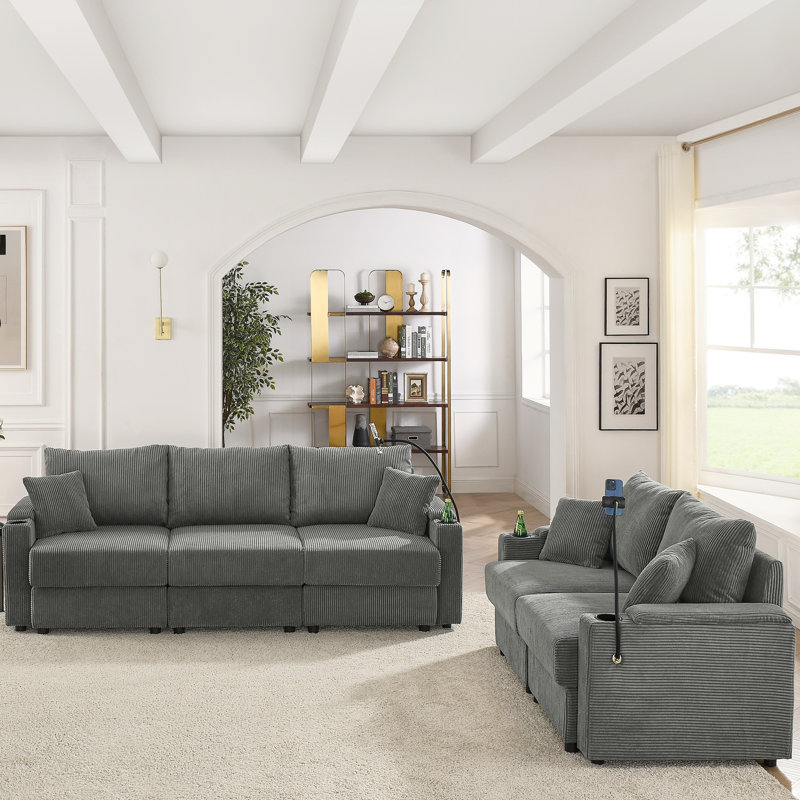Velours côtelé gris avec rangement, siège spacieux et profond pour la vie confortable et porte-gobelets, Grey