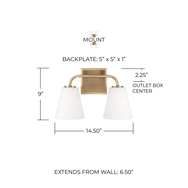 Crete 2 Light Frosted Dimmable Vanity Light, Aged Brass
