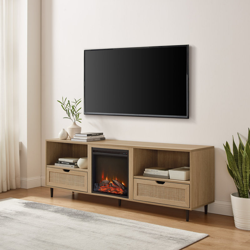 Denmark 70" TV Stand with Electric Fireplace, Coastal Oak