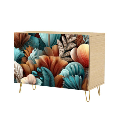 Sideboard Buffet Cabinet with Storage Vibrant Pastel Botanical Bloom Fine Details with 2 Doors for Living Room and Kitchen