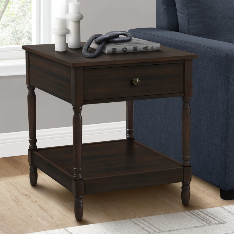 Table d'appoint, 2 niveaux, table de bout, table d'appoint, carré, table de chevet, chambre à coucher, lampe, placage brun, traditionnel