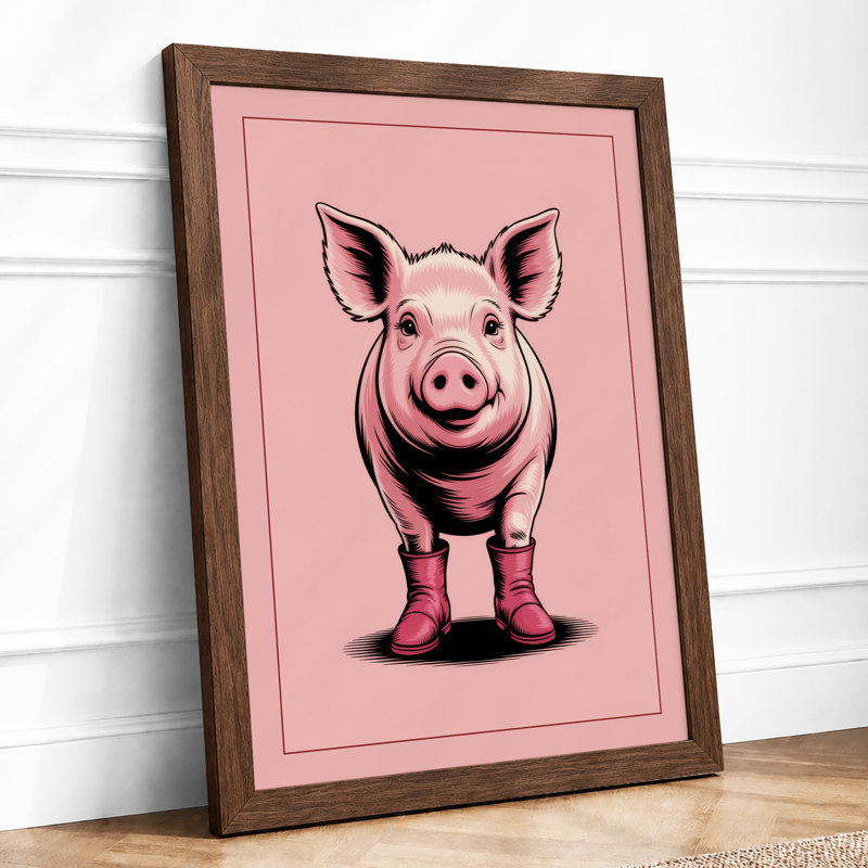 Happy Pig Cartoon - Framed Print, A2 - 59.4 x 42.0 cm, Walnut