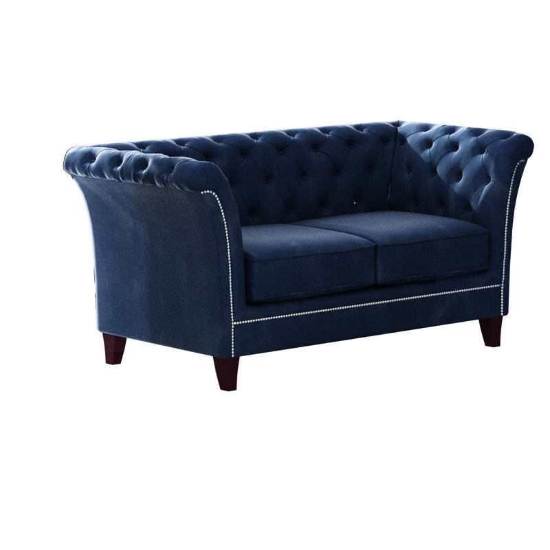 Chesterfield  Sofa 2 Seater Made of Velvet Fabric with Solid Wood Legs, Navy Blue