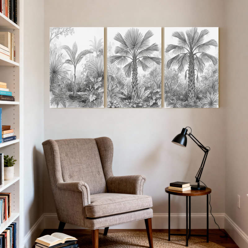 Palmiers tropicaux, forêt tropicale, ensemble de 3 impressions sur toile, reflet noir et blanc, H 30 po x l 60 po