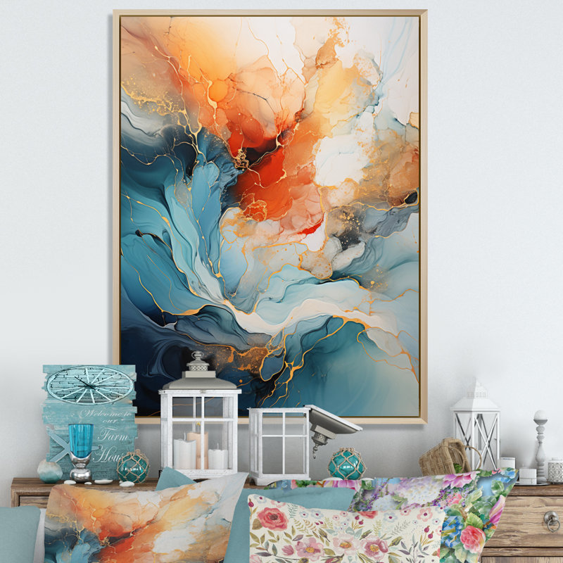 Teal Orange Bold Abstract Flow Collage II - Abstract Collages Canvas Print, 40" H x 30" W, Floater Framed Print, Maple