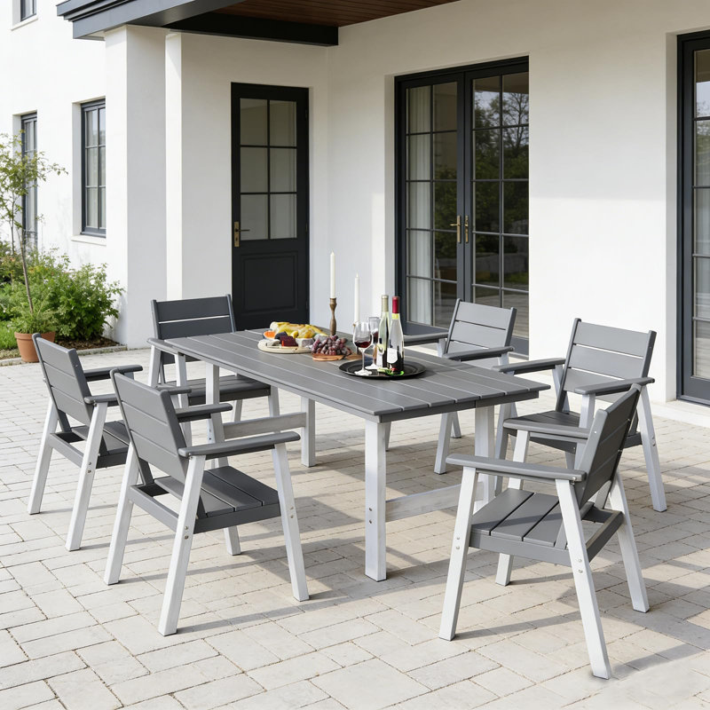  Ensemble repas 7 pièces rectangulaire avec fauteuils, trou de parasol, blanc et gris 7 pièces, Gris