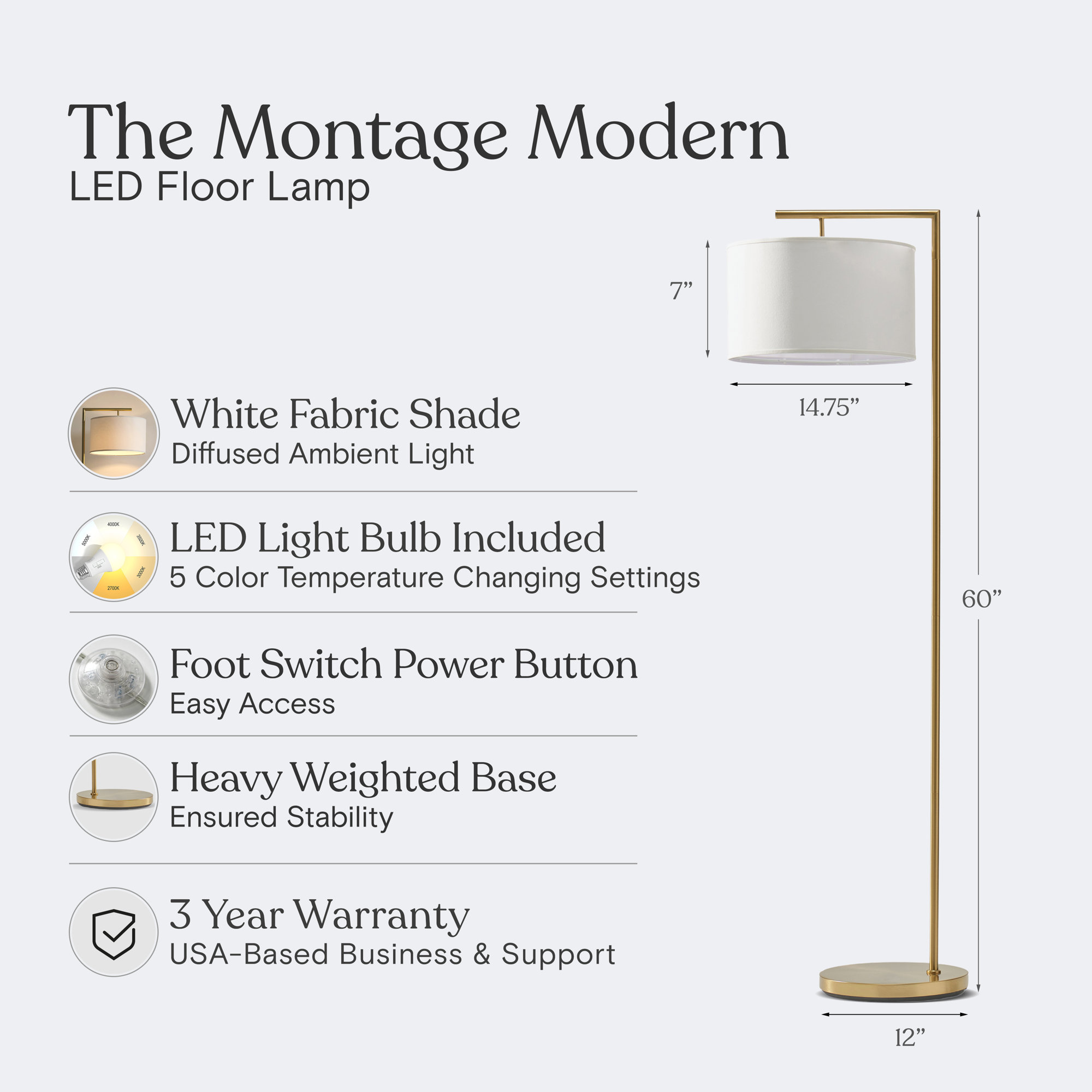 Montage Modern 60 in. Mid-Century Modern LED Floor Lamp with Fabric Drum Shade, White, Gold