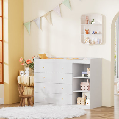 47.2'' Wood Baby Changing Table Dresser With 5 Drawers  Diaper Change Table Changing Station Storage Dresser Chest for Infant Mobile Nursery Organizer