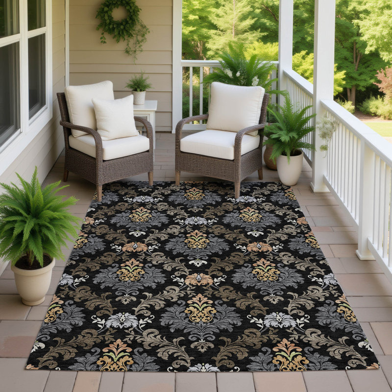 Machine Washable Indoor/Outdoor Chantille ACN2544 Damask Rug, 2'6" x 3'10", Black