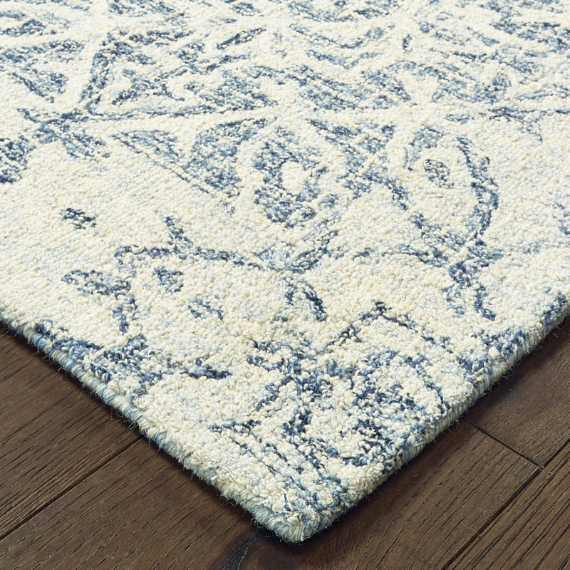 Tapis bleu / ivoire en laine touffeté à la main Alanis Medallions, Rectangle 5 pi x 8 pi