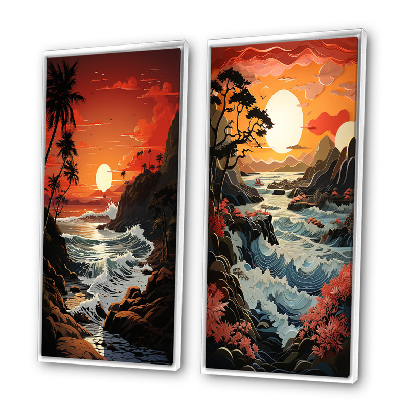 «Beach Crimson Sunset Papercut», 2 pièces, Cadre blanc, H 40 po x l 40 po