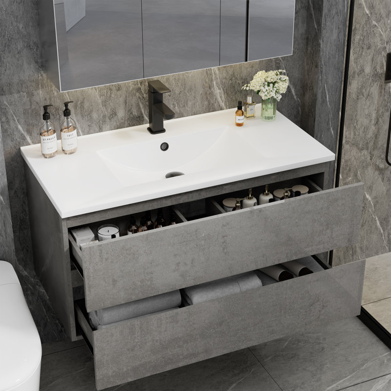 Ensemble de meuble-lavabo mural 36 po avec lavabo, robinet et armoire flottante Jadaya Sharee, certifié EPA, Ciment gris