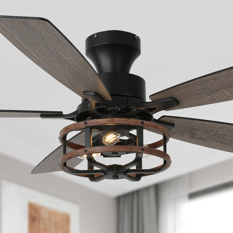 52'' Farmhouse Flush Mount Ceiling Fan With Light and Remote Control, 5-Blade Black Low Profile Caged Ceiling Fan, 6 Speeds, Timer