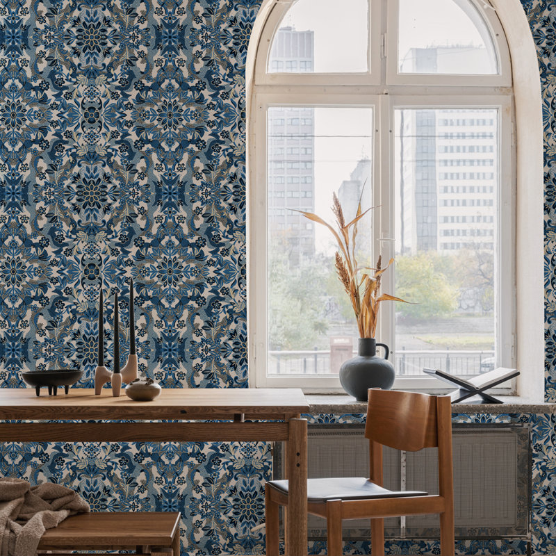 16.5' L x 20.5" W Ikat Peel and Stick Wallpaper Roll, Blue Sapphire