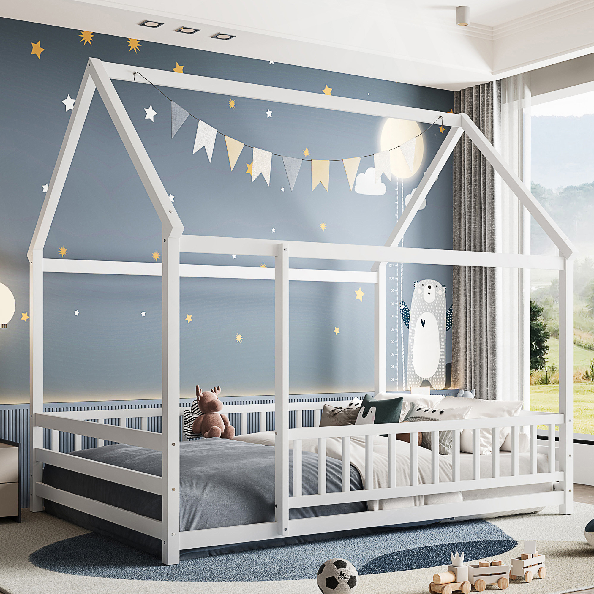 Ebern Designs Full Size Floor Wooden Bed With House Roof Frame, Fence ...