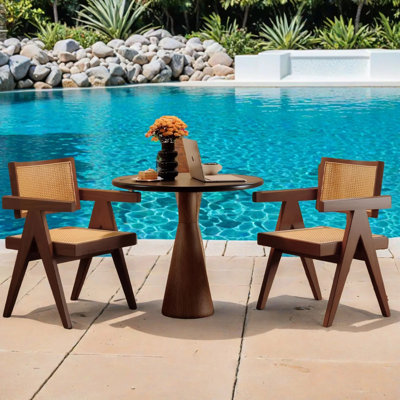 Set Of 2, Modern Mid Century Rattan Accent Dining Chairs, Comfy Armchairs, Outdoor Wood Chairs With Armrest