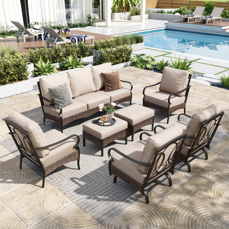 7 - Person Outdoor Seating Group With Rocking Lounge Chairs & Optional Fire Pit Table, No