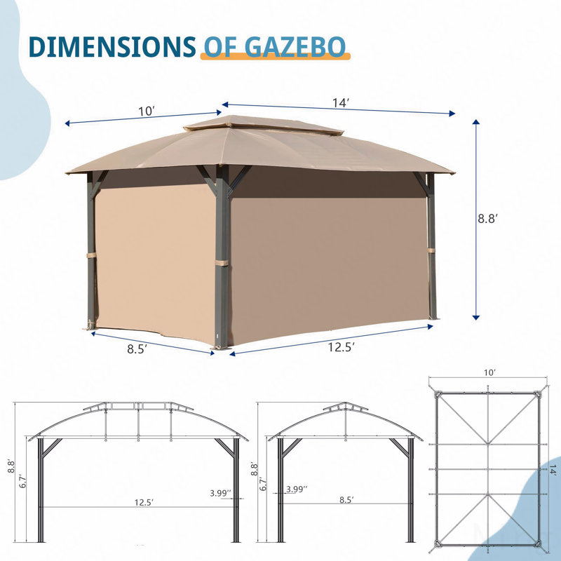10X14FT Gazebo Metal, Mosquito Net For Outdoor Use With Double Roof (Brown), Brown, 105.6" H x 168" W x 120" D