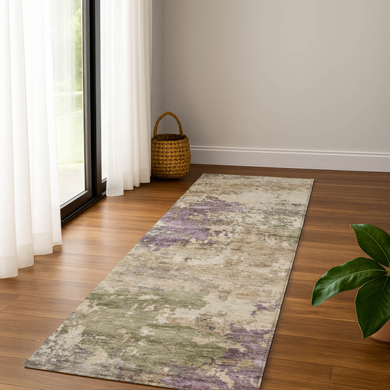 Tapis abstrait lavable à la machine de qualité supérieure Mayfield AMF2068, Beige, Tapis de couloir 2 pi 3 po x 7 pi 6 po