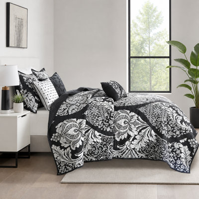 Ensemble de courtepointe en coton 6 pièces avec coussins décoratifs 6 pièces noir