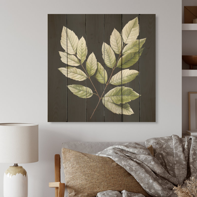«Black and Green Leaves Simplicity - Leaves Wood», art mural sur bois de pin naturel, H 15 po x l 15 po
