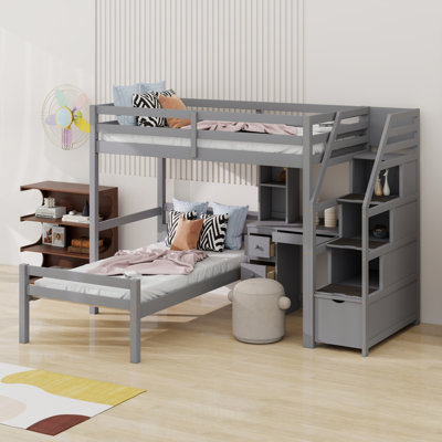 Lit mezzanine avec lit autonome, escalier de rangement, bureau, tablettes et tiroirs