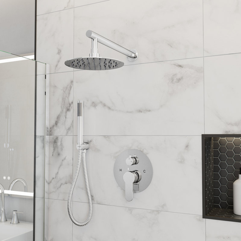 Mirage Rainfall Shower Set with Round Shower Head, Round Valve, and Wand Handshower, Chrome, Chrome