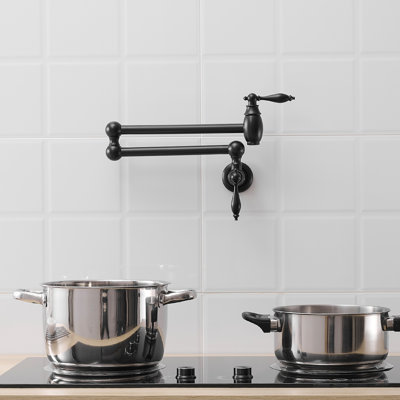 Brushed Gold Kitchen Pot Faucet, Wall Mount Commercial Filler Faucet With Double Joint Swing Arms, Brass Material, One Hole Inlet, Cold Or Hot Water Use Of Gold, Folding 360 Rotation Dual Handles