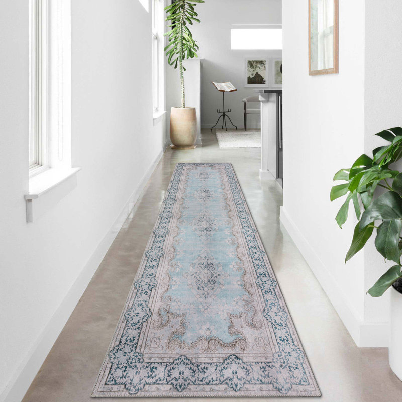 Tapis oriental bleu lavable et pliable FEAona, Tapis de couloir 2 pi 6 po x 9 pi