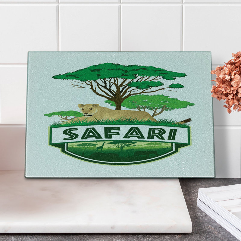 Ambesonne Savannah Tempered Glass Cutting Board African Green Trees Lion Hunter Green and Sand Brown