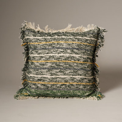Wildgrass Weave Cotton Throw Pillow with Polyester Insert, Green Striped Fringe Decorative Accent Cushion, 18" x 18"