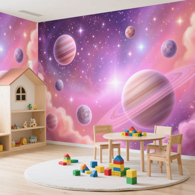 Papier peint adhésif autocollant Planètes cosmiques roses Étoile galaxie rêveuse Ciel annelé Planète gazeuse Autocollant amovible Papier contact mural pour le salon Chambre à coucher H 100 po x l 144 po