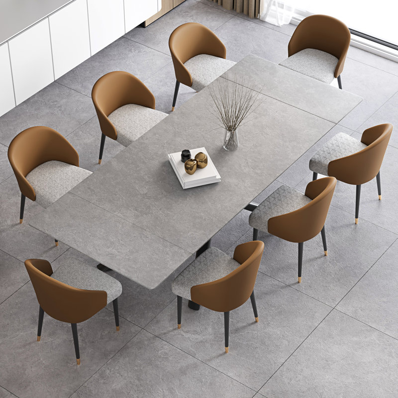 Ensemble de table de salle à manger extensible 102 po avec table en pierre frittée et 8 chaises en similicuir, Gris