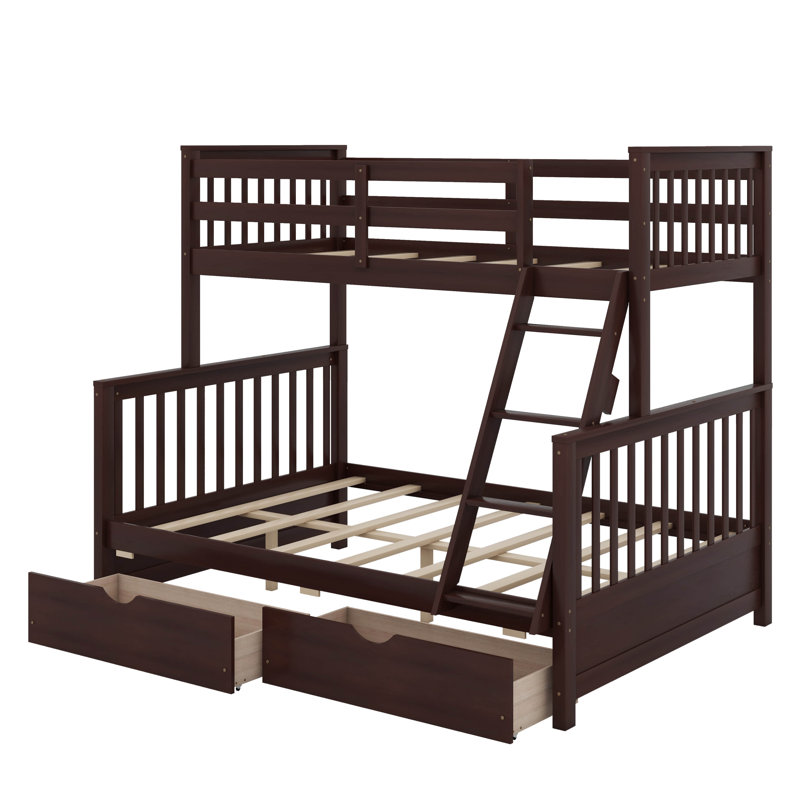 Lit simple superposé au dessus d'un lit double avec échelles et tiroirs, Espresso