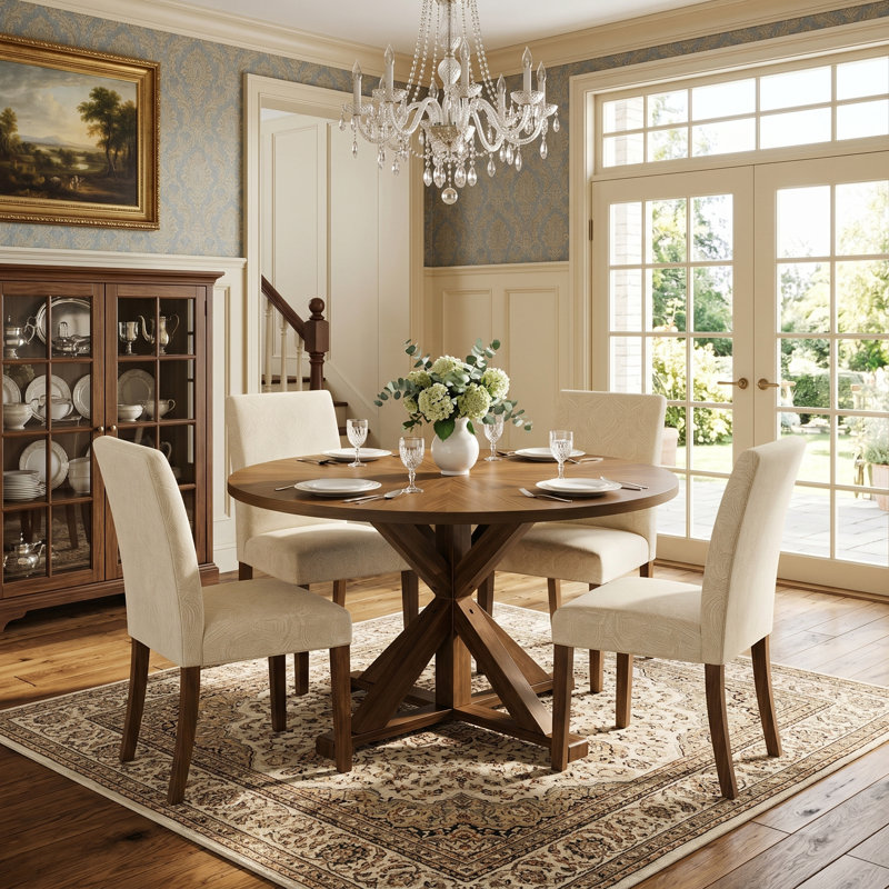 Table de salle à manger ronde en bois massif 59 pouces Evonia, H 31,5 po x L 53 po x l 53 po, Brun