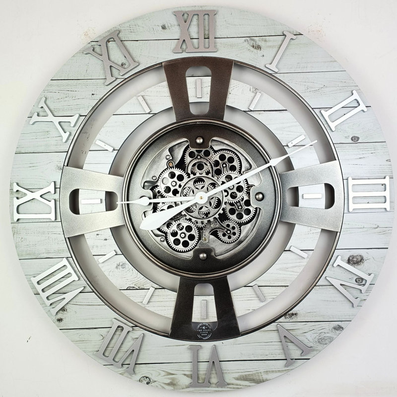 Wall Clock 36" Oversized for Living Room decor with Real Moving Gears England Collection, White Farmhouse
