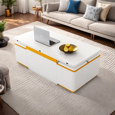 Table basse à plateau relevable avec 4 tabourets de rangement, table basse moderne avec plateau pliable, table basse réglable multifonctionnelle pour le salon