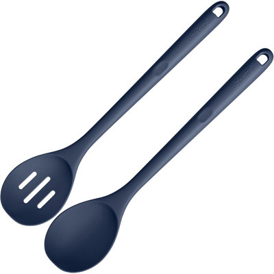 Cuillères en silicone résistantes à la chaleur de 600 ° F: cuillère de cuisine solide et rainurée U-Taste 13,3 po, long ustensile en caoutchouc antiadhésif, robuste pour mélanger, servir, remuer, égoutter (bleu minuit, 2 pièces)