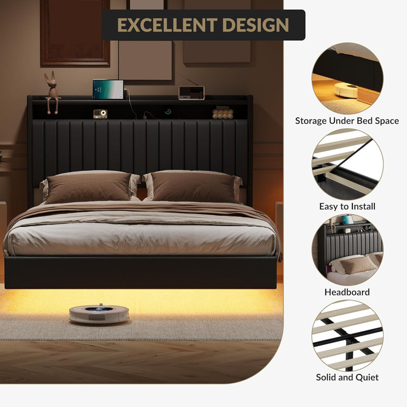 Grand cadre de lit flottant avec lumières DEL et tête de lit avec rangement, cadre de lit au style minimaliste moderne pour chambre à coucher / maison de vacances, silencieux et sans sommier, facile à assembler