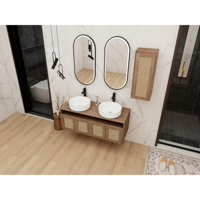 Meuble-lavabo mural 48 po avec 2 lavabos en céramique, 4 portes à fermeture en douceur, armoire latérale, rangement en kd, base en contreplaqué, design contemporain, finition imitation chêne, armoire de rangement flexible interne
