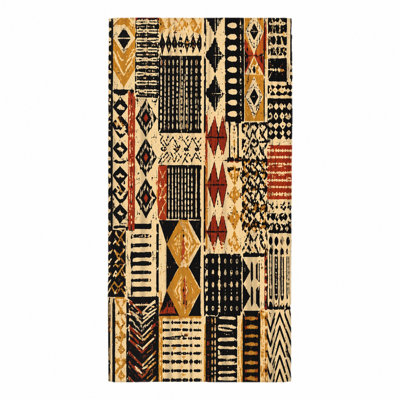 1Pcs Boho Tribal Beach Towel, featuring geometric ethnic patterns in black, red, and beige. Large microfiber for, swimming, travel, camping, unisex.