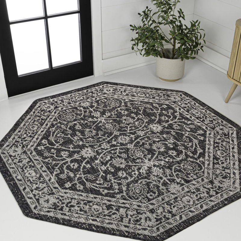 Markwart Vine and Border Textured Weave Black/Gray Indoor/Outdoor Rug, Octagon 7'9"