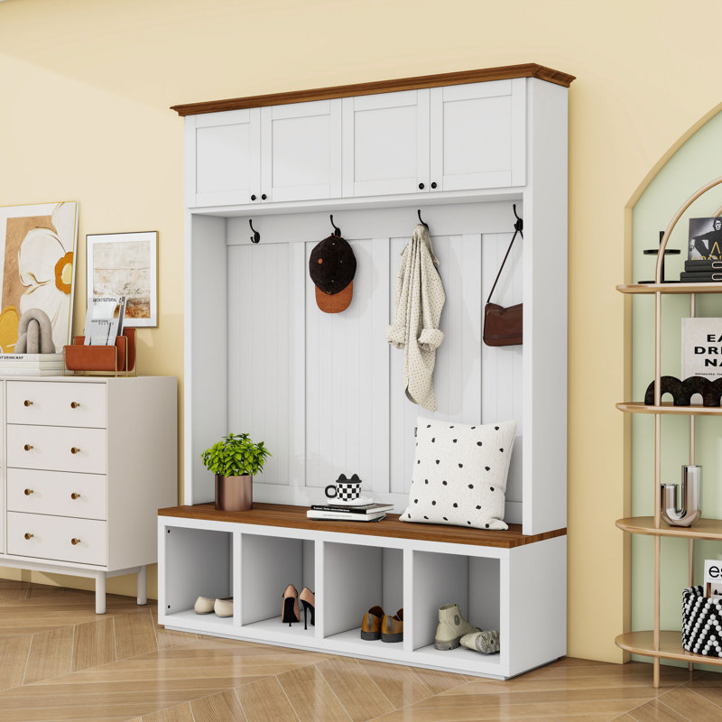 Entryway Hall Tree with Bench, 4 Cabinets, Open Compartments and 4 Hooks, White