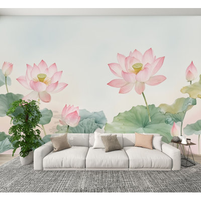 Papier peint à peler et coller Fleurs de lotus roses Feuilles vertes Pastels muraux doux H 100 po x l 144 po Papier mural amovible en PVC auto-adhésif pour chambre d'enfant, salon, bureau à domicile