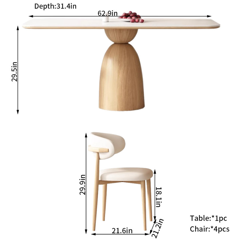 Cream Oak Rectangular Rock-Plate Table Chair Set 4 - Person Pedestal Dining Set, 29.5"H x 62.9"L x 31.4"W